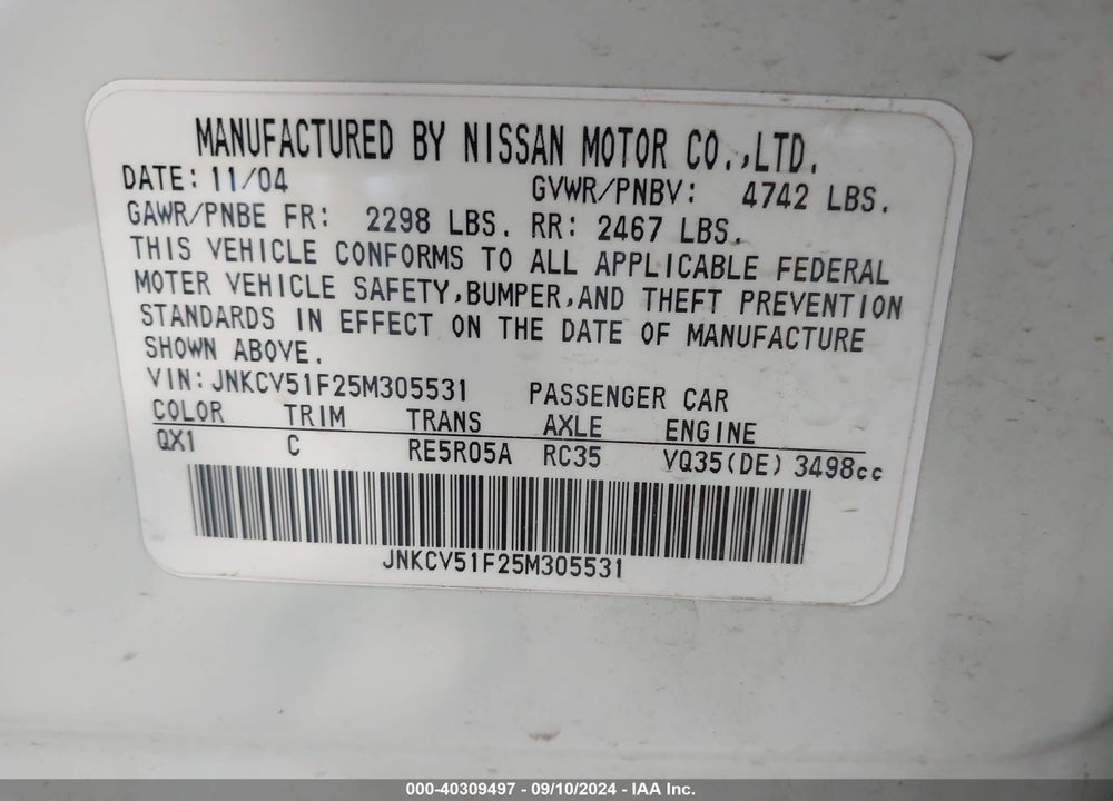 2005 INFINITI G35X VIN: JNKCV51F25M305531