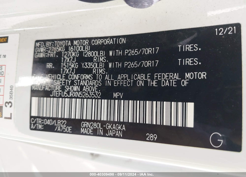 2022 TOYOTA 4RUNNER SR5 PREMIUM VIN: JTEFU5JRXN5263532