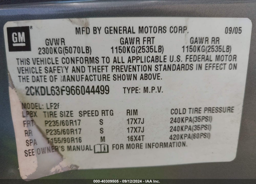 2006 PONTIAC TORRENT VIN: 2CKDL63F966044499