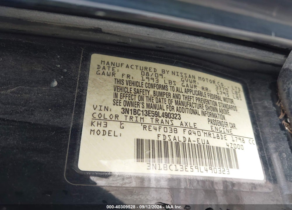 2009 NISSAN VERSA 1.8S VIN: 3N1BC13E59L490323