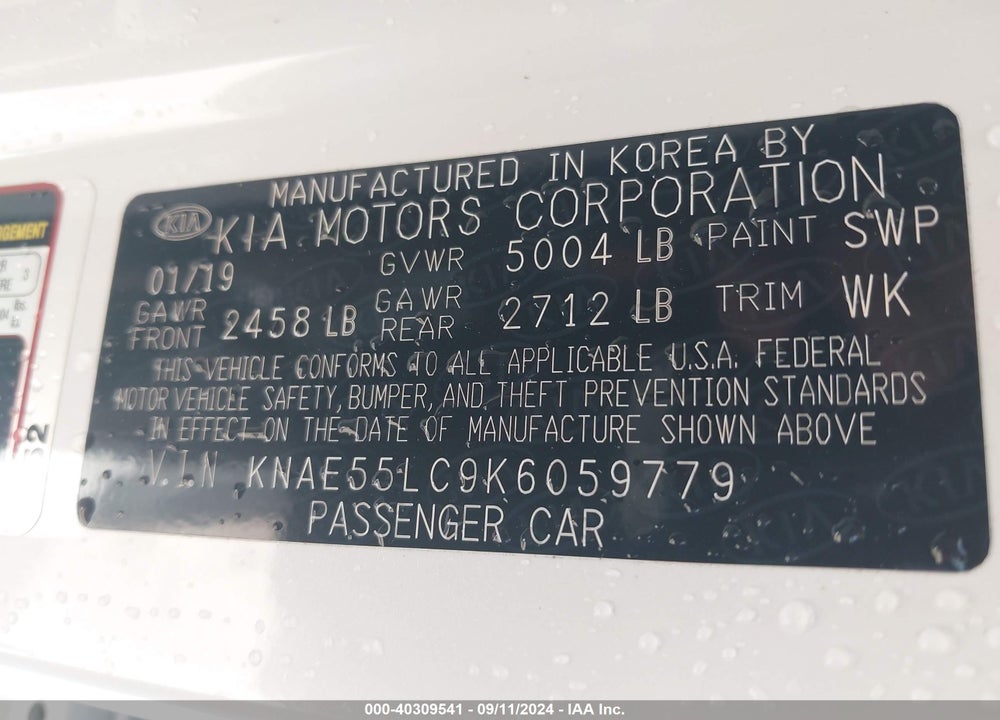 2019 KIA STINGER GT2 VIN: KNAE55LC9K6059779