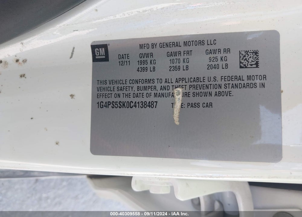 2012 BUICK VERANO LEATHER GROUP VIN: 1G4PS5SK0C4138487