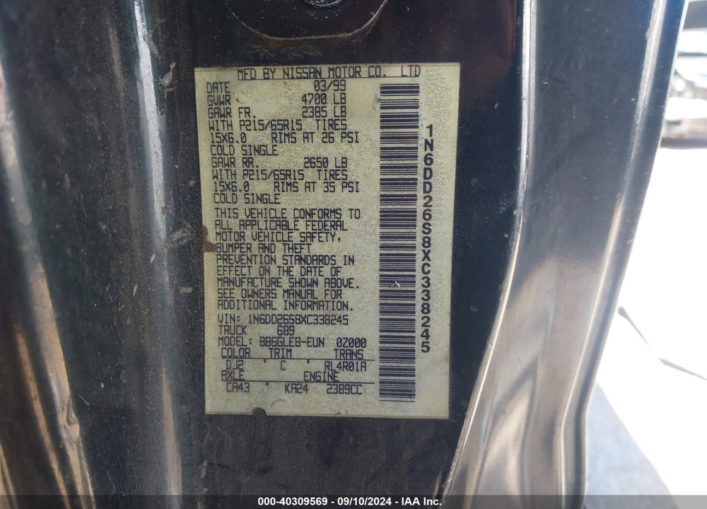 1999 NISSAN FRONTIER SE/XE VIN: 1N6DD26S8XC338245