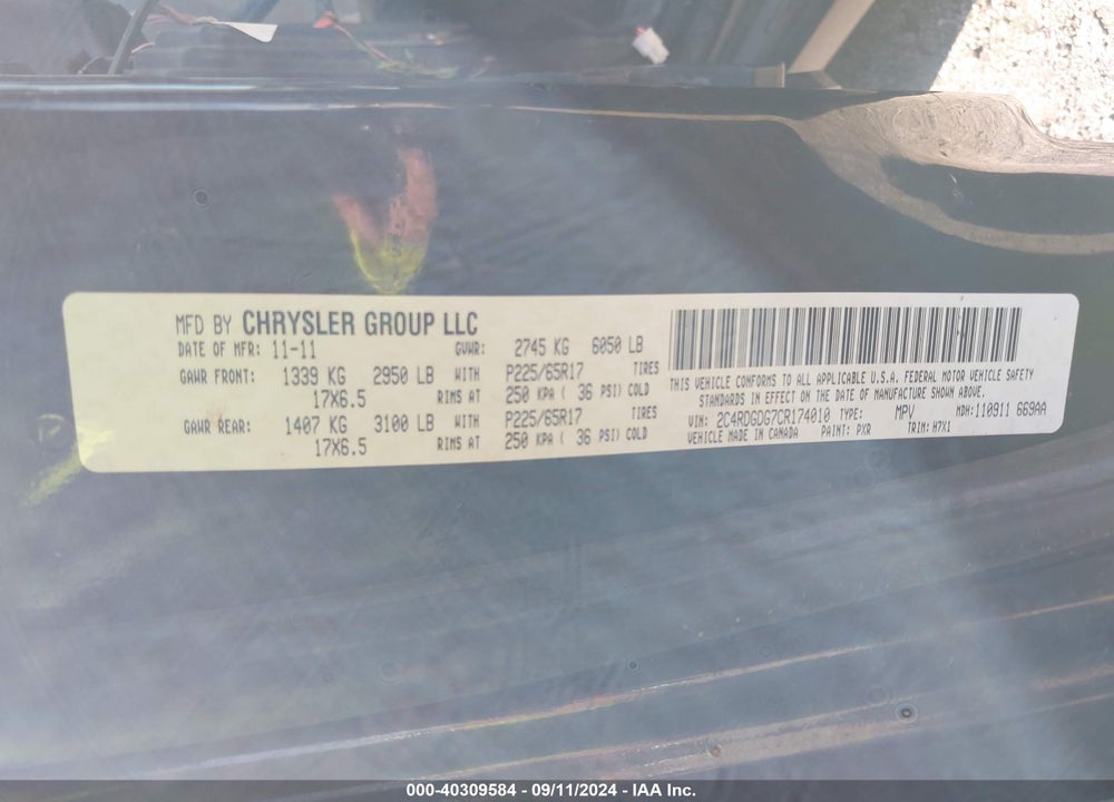 2012 DODGE GRAND CARAVAN CREW VIN: 2C4RDGDG7CR174010