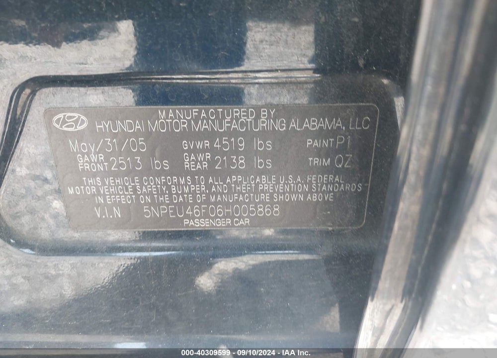 2006 HYUNDAI SONATA GLS V6/LX V6 VIN: 5NPEU46F06H005868