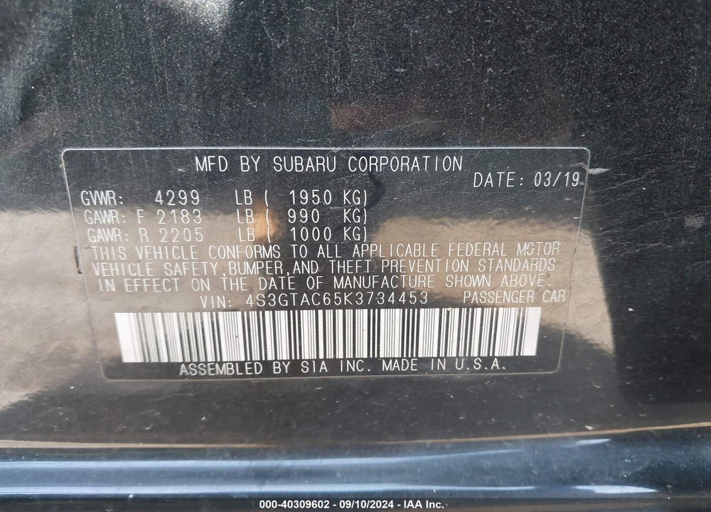 2019 SUBARU IMPREZA 2.0I PREMIUM VIN: 4S3GTAC65K3734453