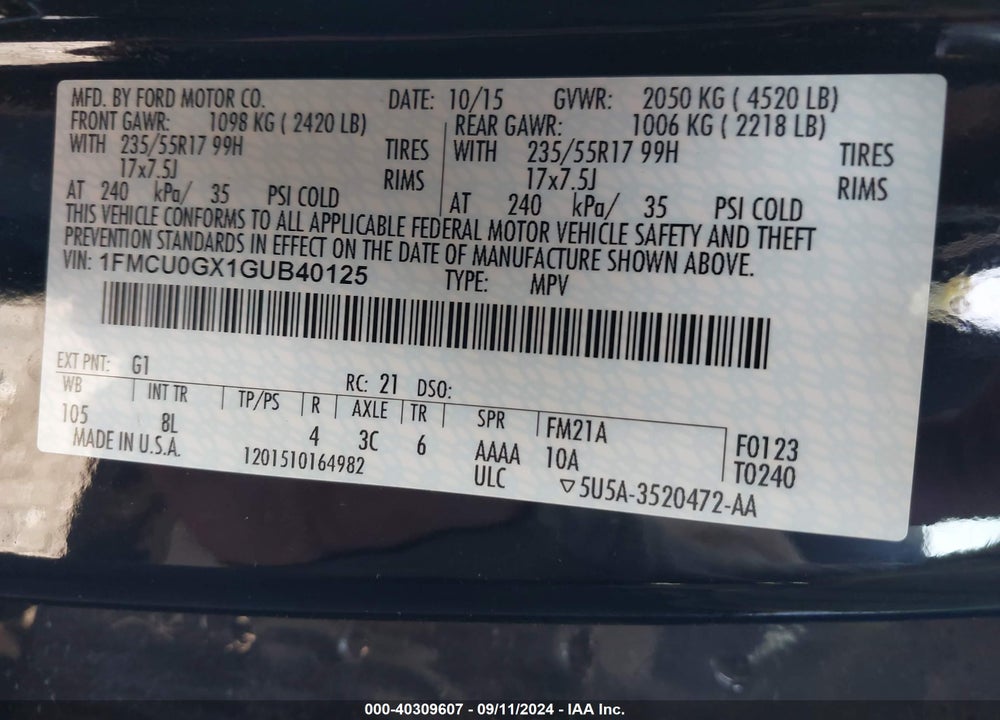 2016 FORD ESCAPE SE VIN: 1FMCU0GX1GUB40125