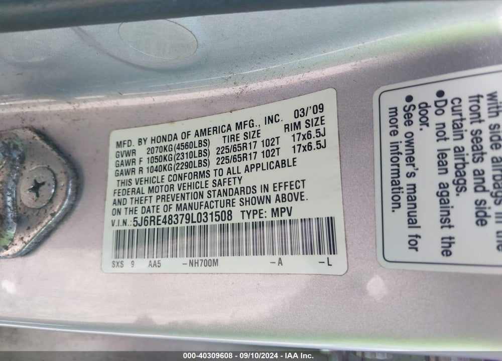2009 HONDA CR-V LX VIN: 5J6RE48379L031508