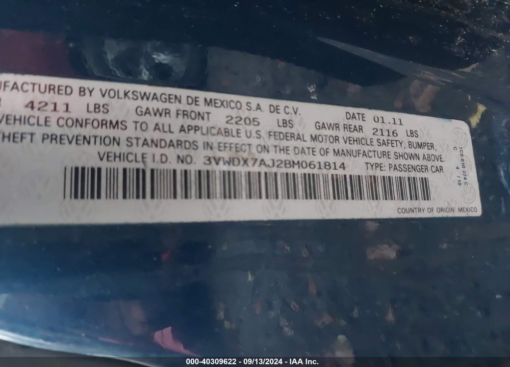 2011 VOLKSWAGEN JETTA 2.5L SE VIN: 3VWDX7AJ2BM061814