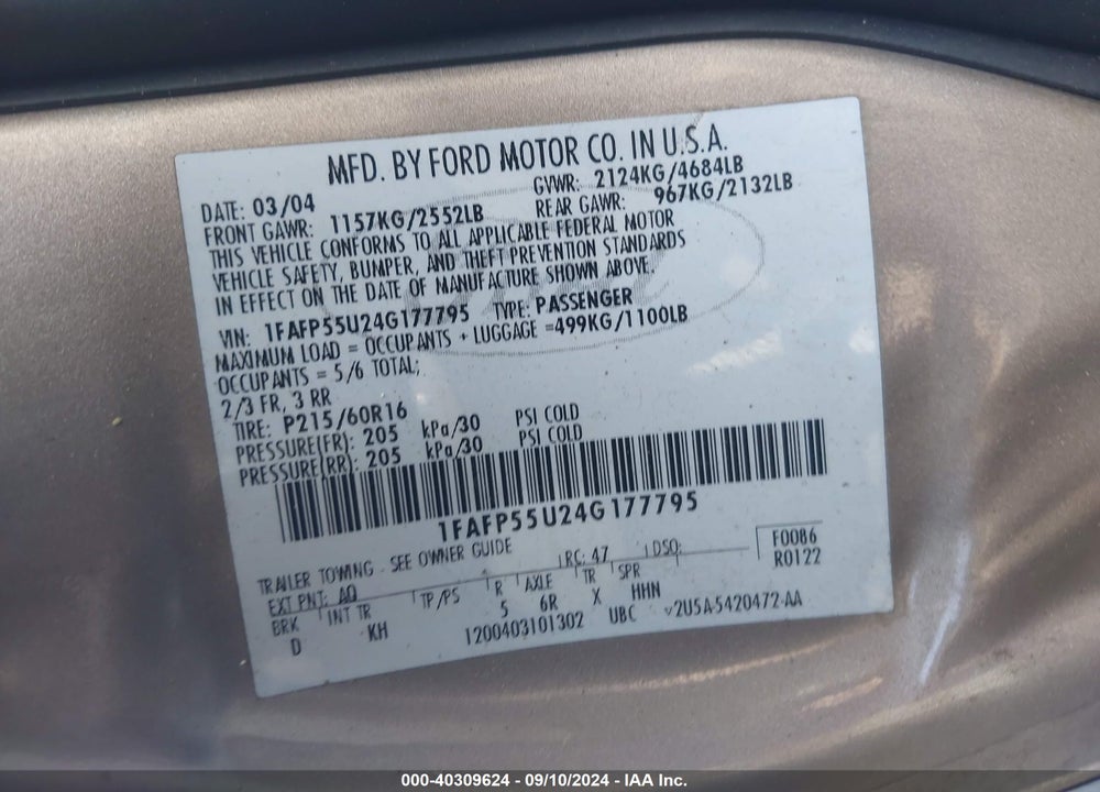 2004 FORD TAURUS SES VIN: 1FAFP55U24G177795