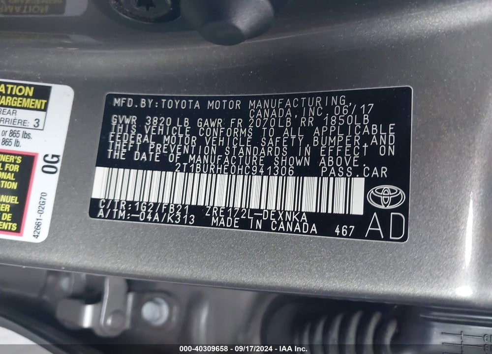 2017 TOYOTA COROLLA LE VIN: 2T1BURHE0HC941306