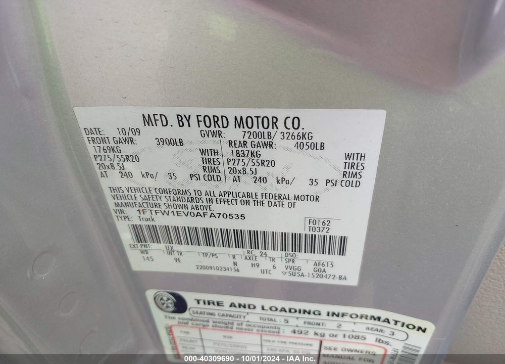 2010 FORD F-150 FX4/HARLEY-DAVIDSON/KING RANCH/LARIAT/PLATINUM/XL/XLT VIN: 1FTFW1EV0AFA70535