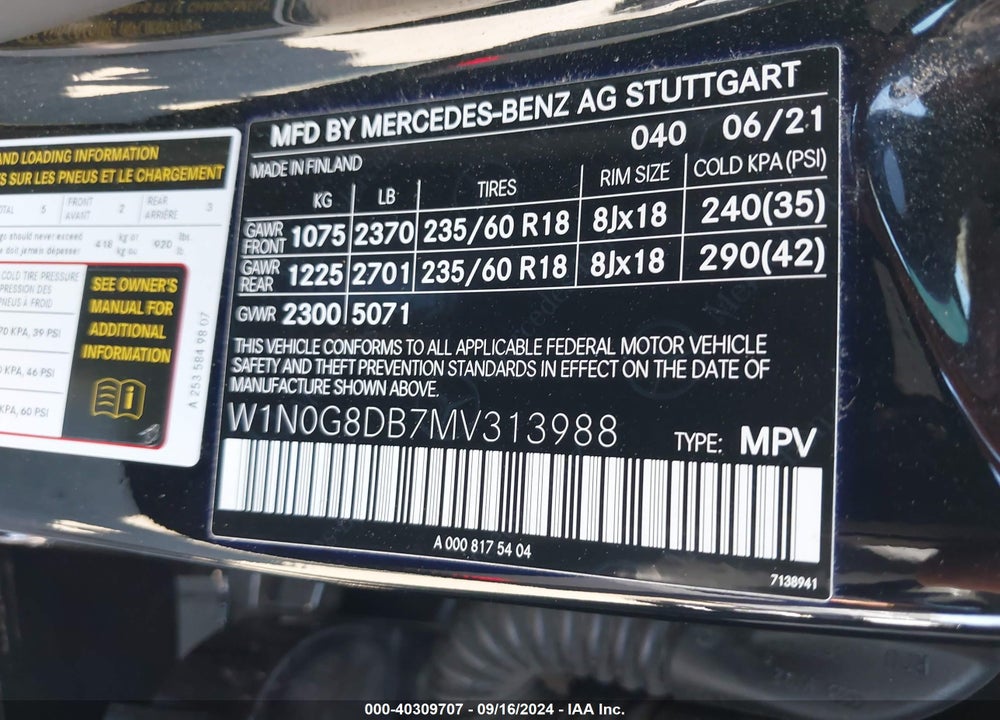 2021 MERCEDES-BENZ GLC 300 SUV VIN: W1N0G8DB7MV313988