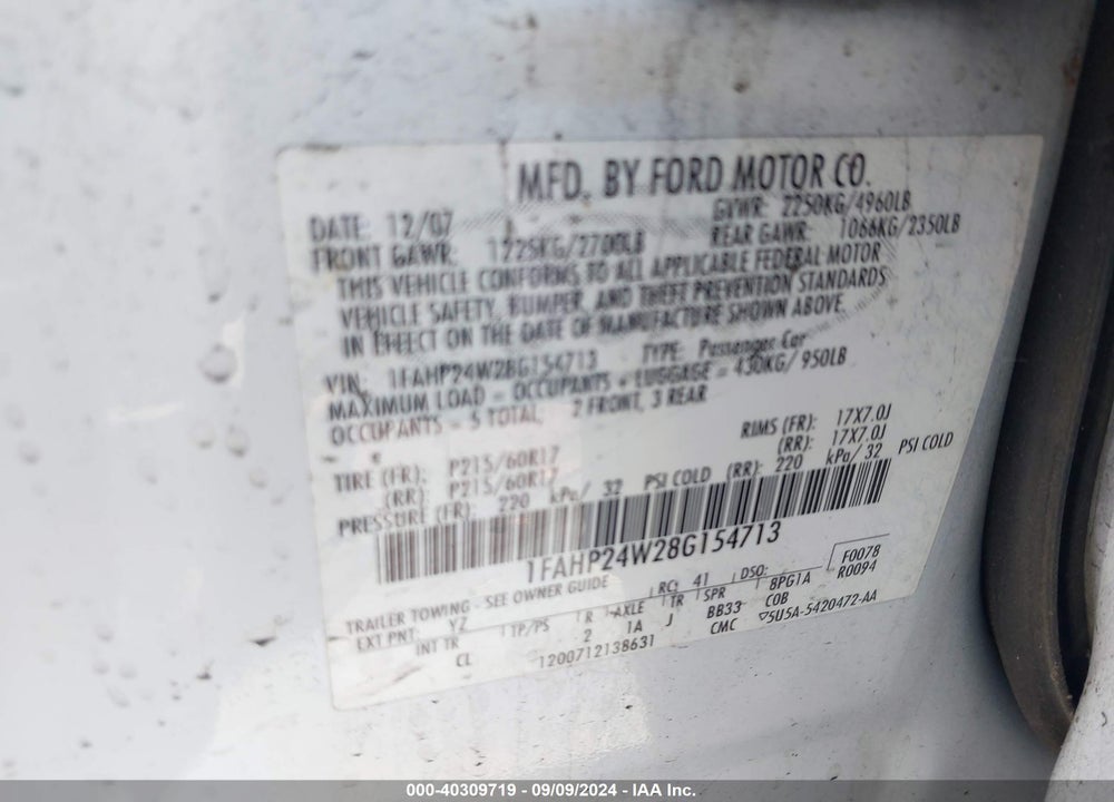 2008 FORD TAURUS SEL VIN: 1FAHP24W28G154713