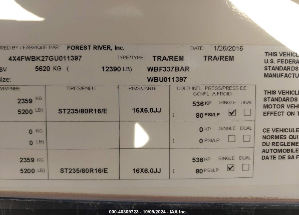 2018 FOREST RIVER OTHER VIN: 4X4FWBK27GU011397