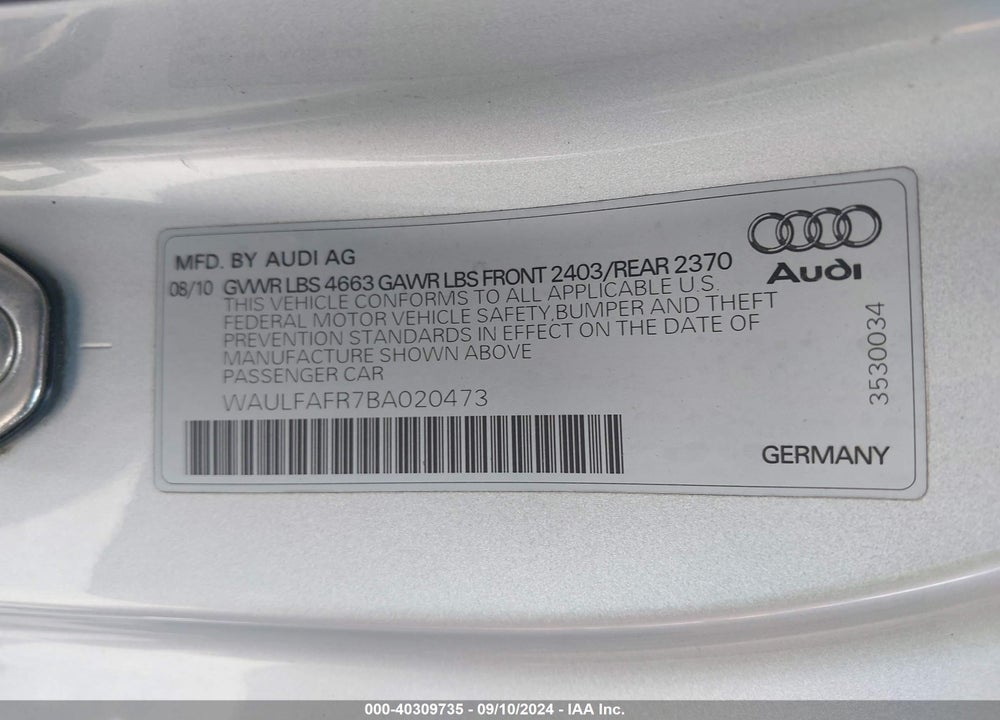 2011 AUDI A5 2.0T PREMIUM VIN: WAULFAFR7BA020473