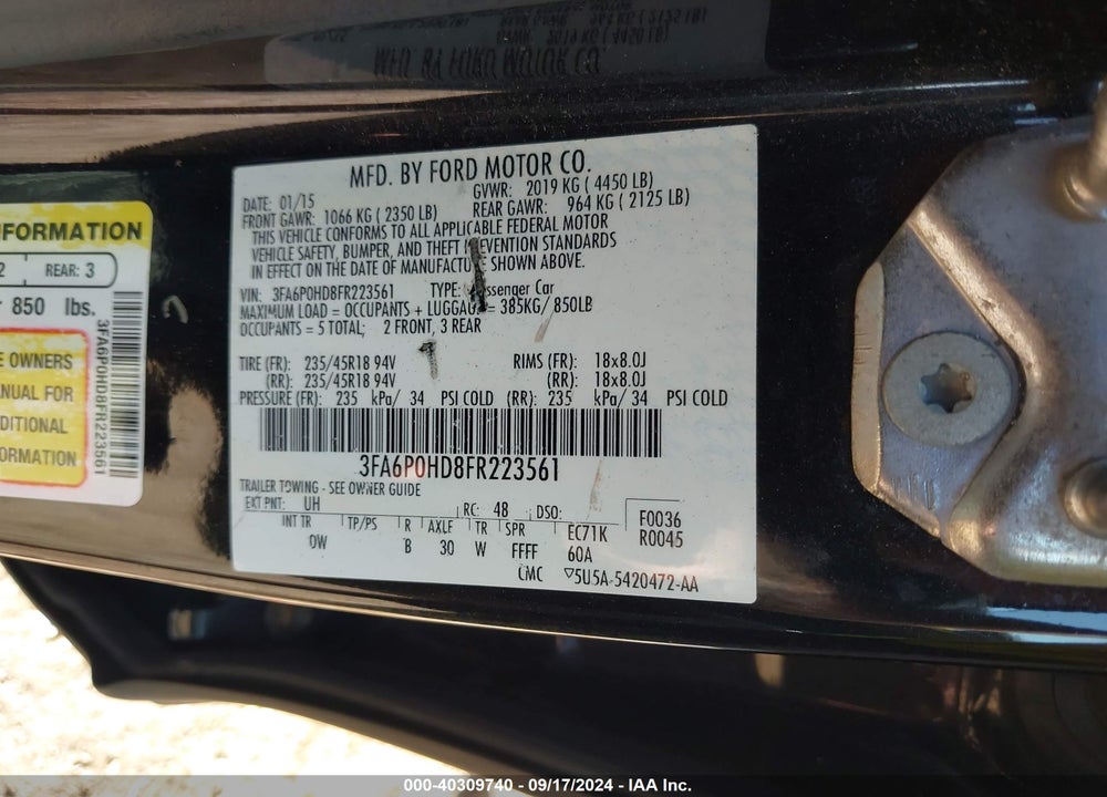 2015 FORD FUSION SE VIN: 3FA6P0HD8FR223561