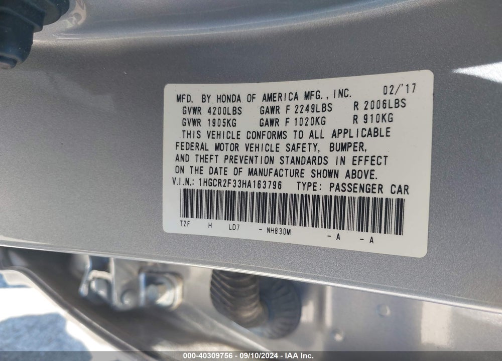 2017 HONDA ACCORD LX VIN: 1HGCR2F33HA163796