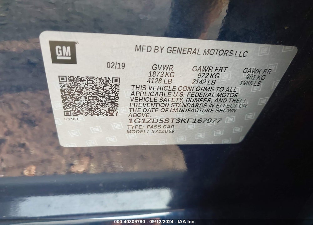 2019 CHEVROLET MALIBU LT VIN: 1G1ZD5ST3KF167977