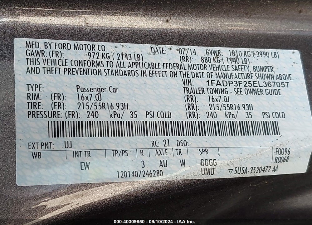 2014 FORD FOCUS SE VIN: 1FADP3F25EL367057