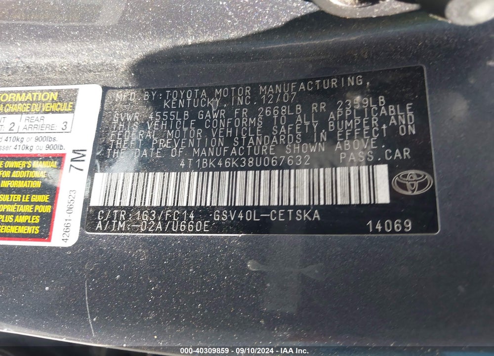 2008 TOYOTA CAMRY SE V6 VIN: 4T1BK46K38U067632