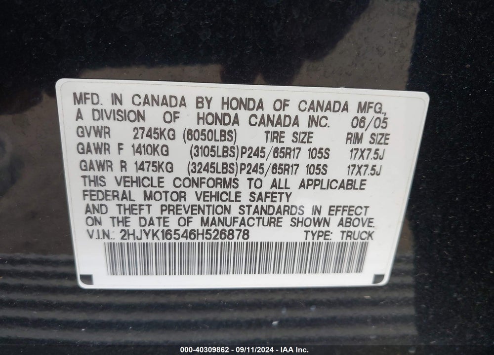 2006 HONDA RIDGELINE RTL VIN: 2HJYK16546H526878