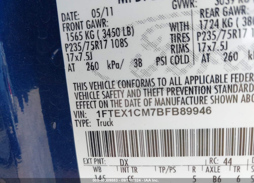 2011 FORD F-150 XL VIN: 1FTEX1CM7BFB89946
