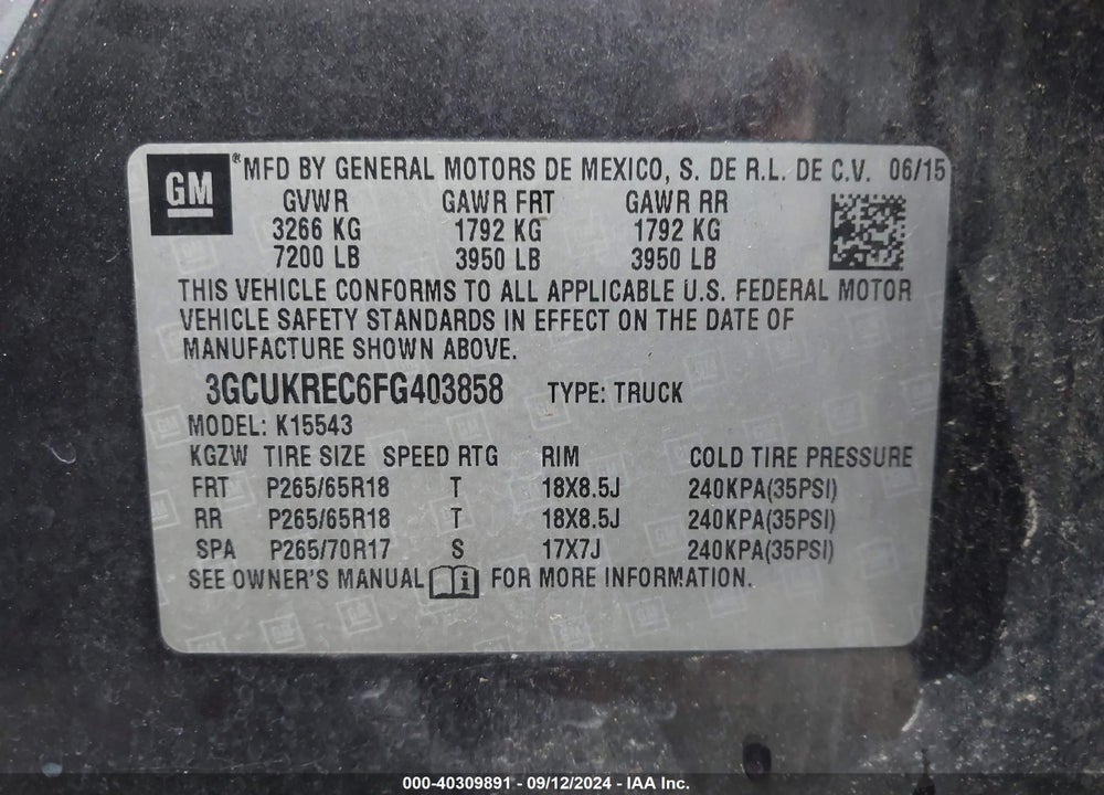 2015 CHEVROLET SILVERADO 1500 1LT VIN: 3GCUKREC6FG403858