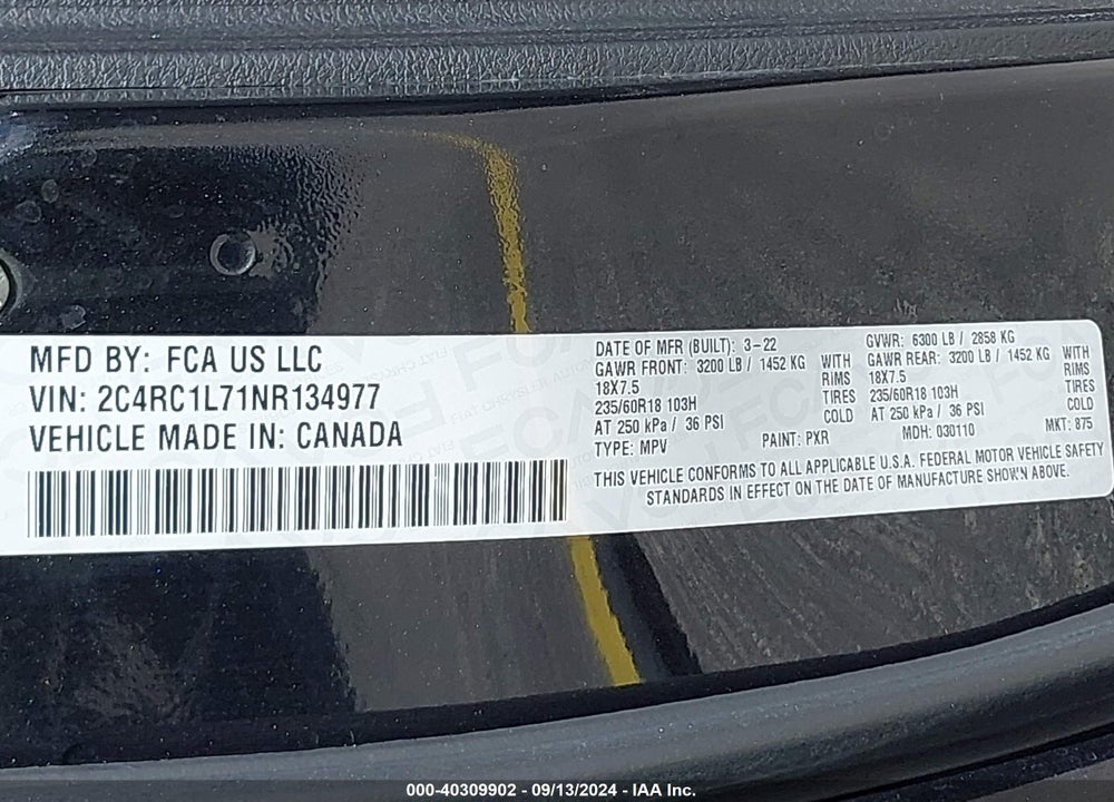 2022 CHRYSLER PACIFICA HYBRID VIN: 2C4RC1L71NR134977