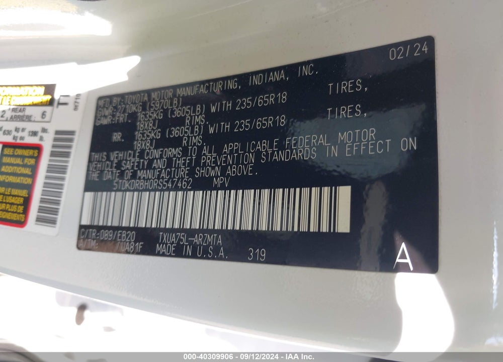 2024 TOYOTA HIGHLANDER XLE VIN: 5TDKDRBH0RS547462