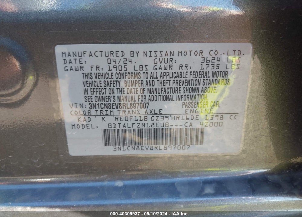 2024 NISSAN VERSA 1.6 SV VIN: 3N1CN8EV8RL897007