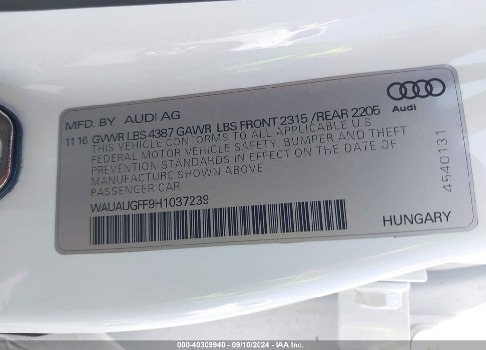 2017 AUDI A3 2.0T PREMIUM VIN: WAUAUGFF9H1037239