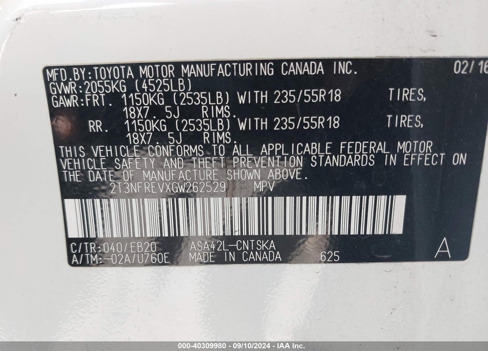 2016 TOYOTA RAV4 SE VIN: 2T3NFREVXGW262529