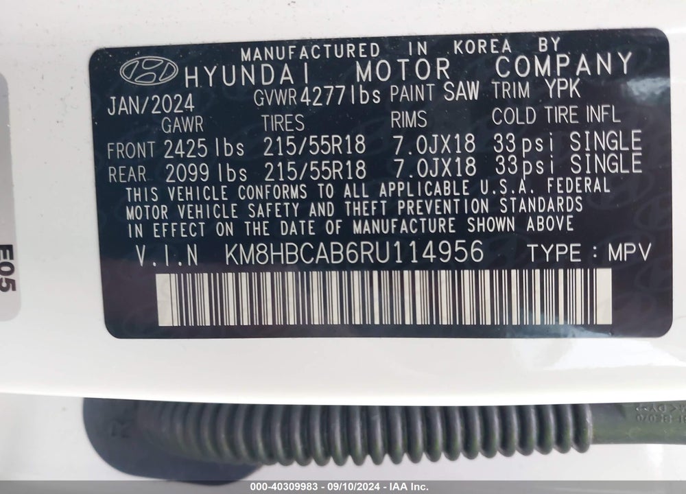 2024 HYUNDAI KONA SEL VIN: KM8HBCAB6RU114956