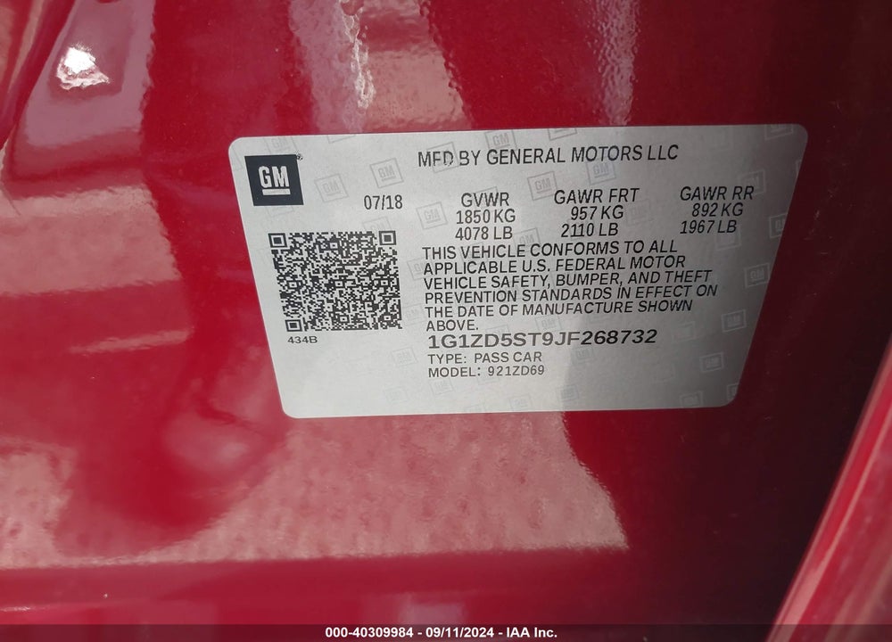 2018 CHEVROLET MALIBU LT VIN: 1G1ZD5ST9JF268732