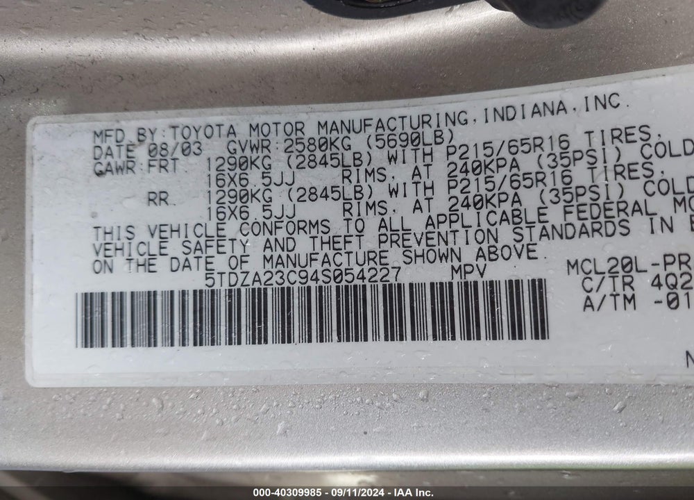 2004 TOYOTA SIENNA LE VIN: 5TDZA23C94S054227