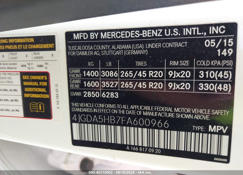 2015 MERCEDES-BENZ ML 350 4MATIC VIN: 4JGDA5HB7FA600966