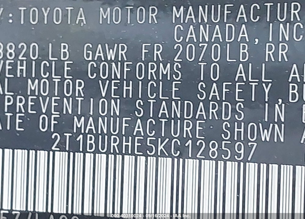 2019 TOYOTA COROLLA XSE VIN: 2T1BURHE5KC128597