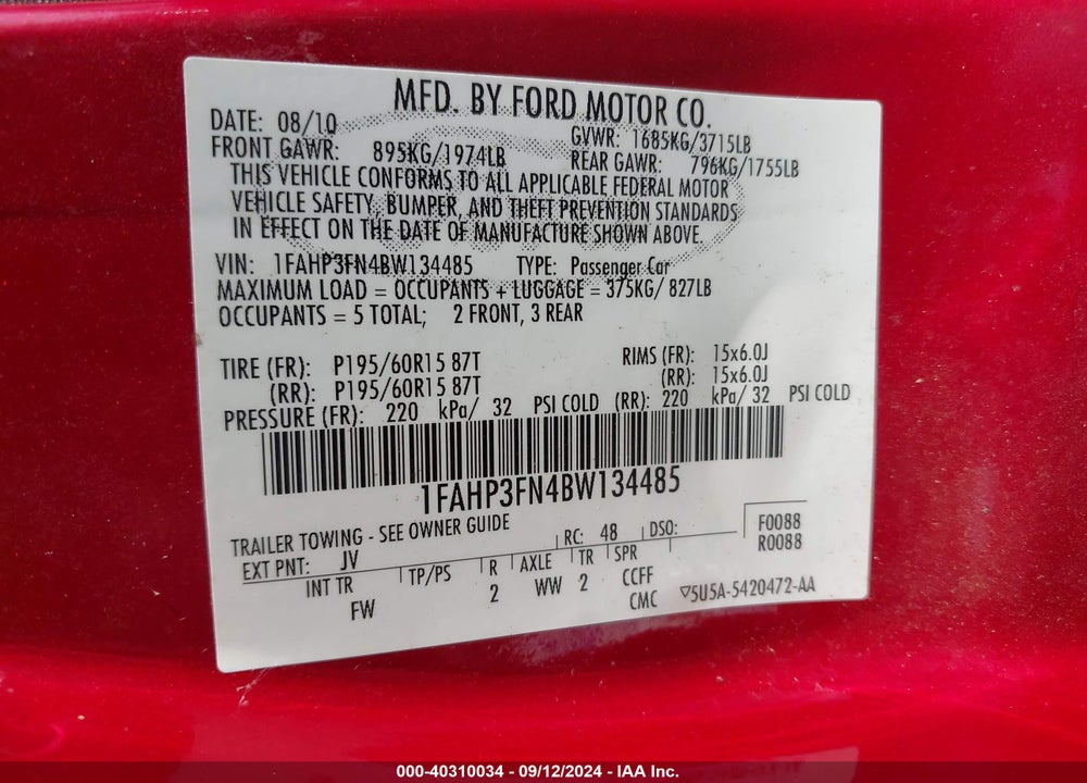 2011 FORD FOCUS SE VIN: 1FAHP3FN4BW134485