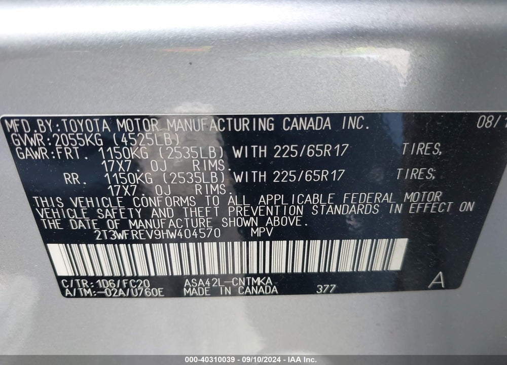 2017 TOYOTA RAV4 XLE VIN: 2T3WFREV9HW404570