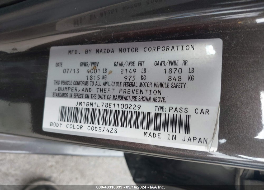 2014 MAZDA 3 I TOURING VIN: JM1BM1L78E1100229
