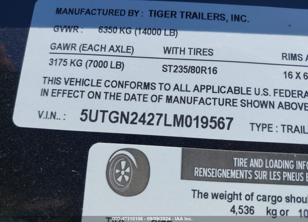 2020 TRAILER TIGER  LOW PROFILE VIN: 5UTGN2427LM019567