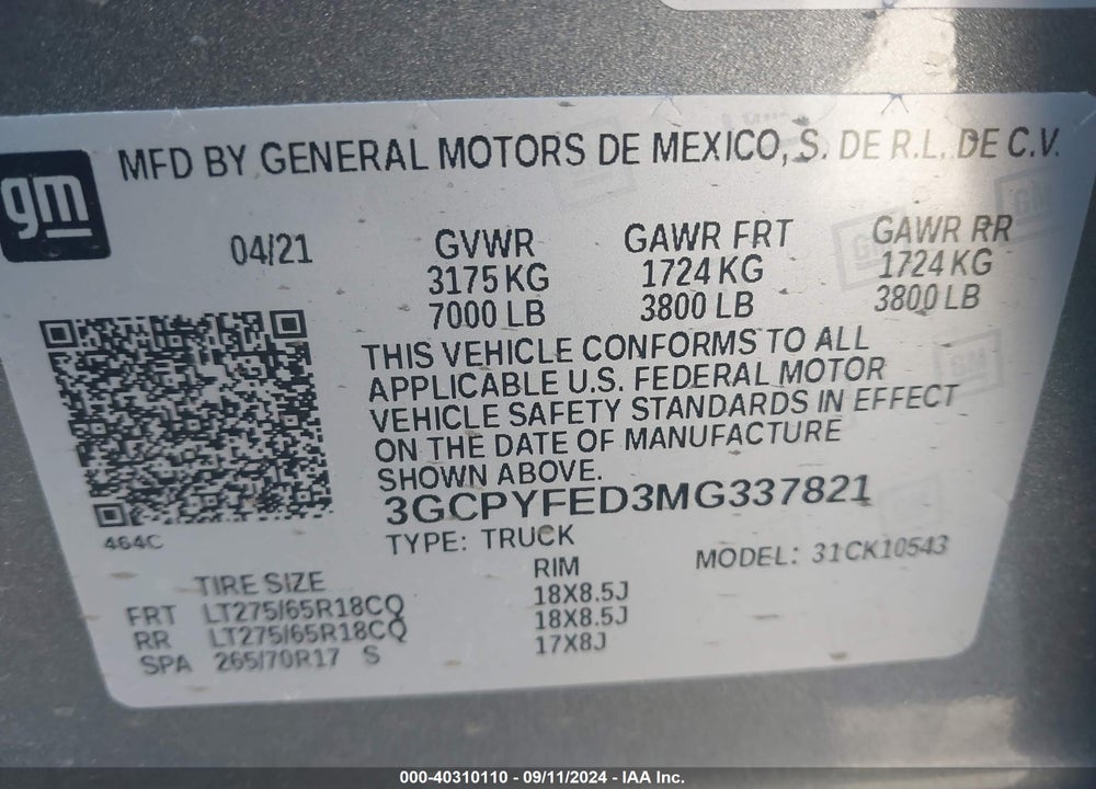2021 CHEVROLET SILVERADO 1500 4WD SHORT BED LT TRAIL BOSS VIN: 3GCPYFED3MG337821