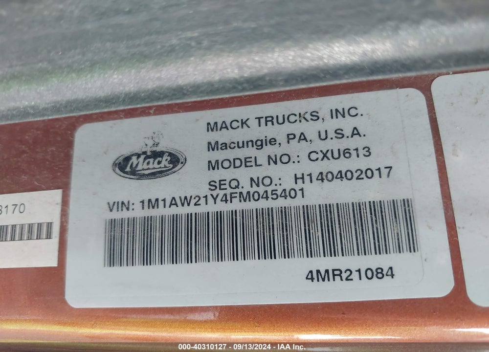 2015 MACK CXU613 CXU600 VIN: 1M1AW21Y4FM045401