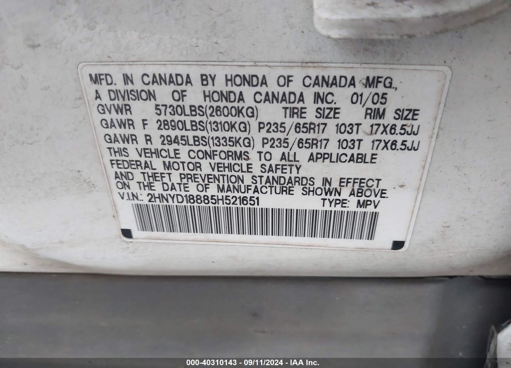 2005 ACURA MDX VIN: 2HNYD18885H521651