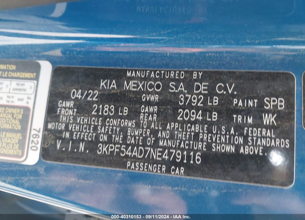 2022 KIA FORTE GT LINE VIN: 3KPF54AD7NE479116