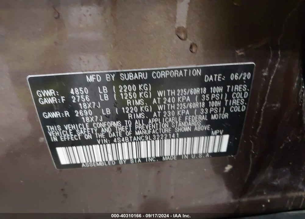 2020 SUBARU OUTBACK LIMITED VIN: 4S4BTANC9L3222141