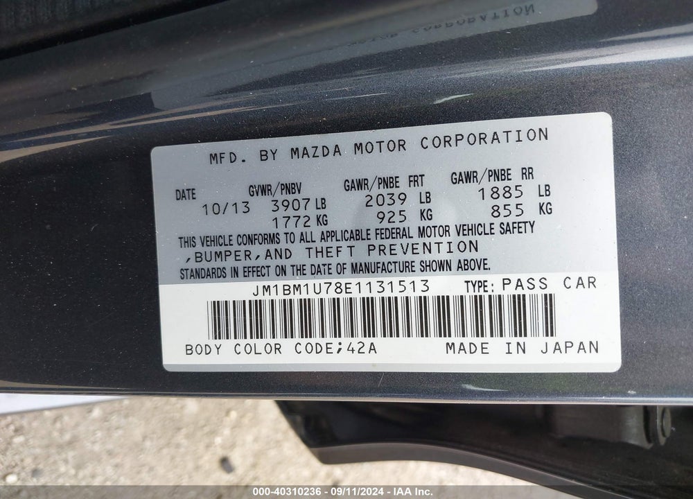 2014 MAZDA MAZDA3 VIN: JM1BM1U78E1131513