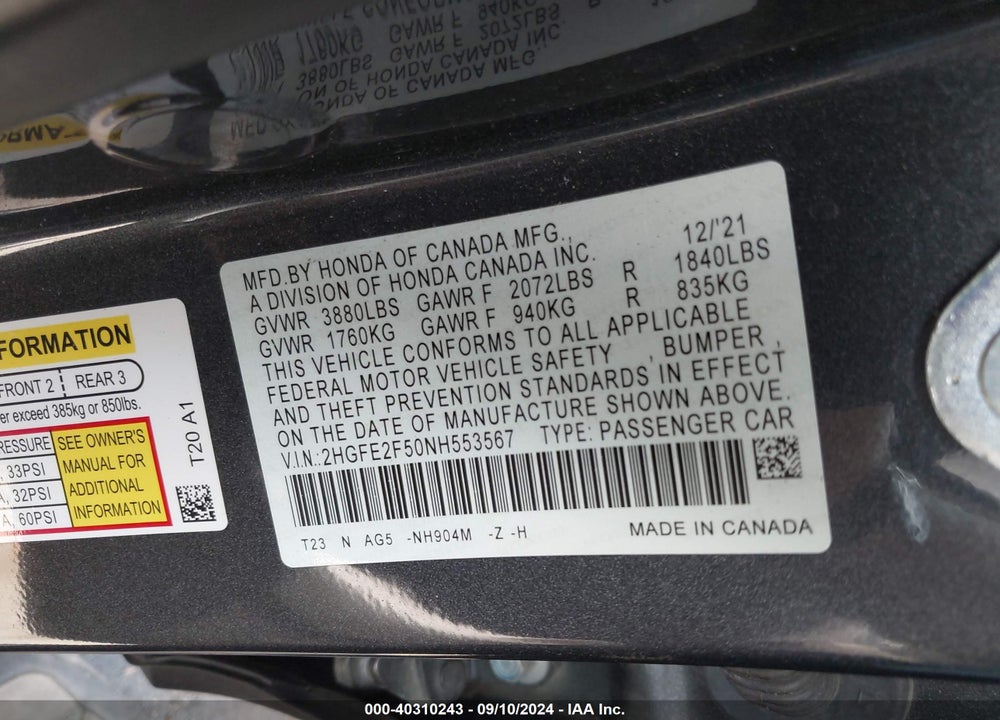2022 HONDA CIVIC SPORT VIN: 2HGFE2F50NH553567