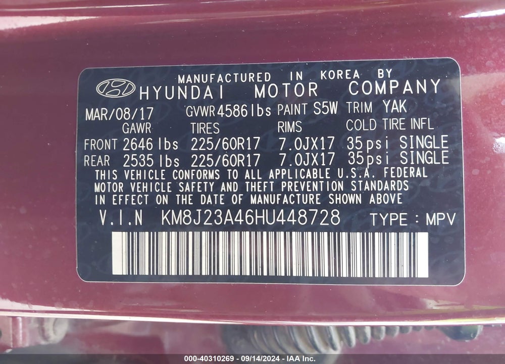 2017 HYUNDAI TUCSON SE VIN: KM8J23A46HU448728